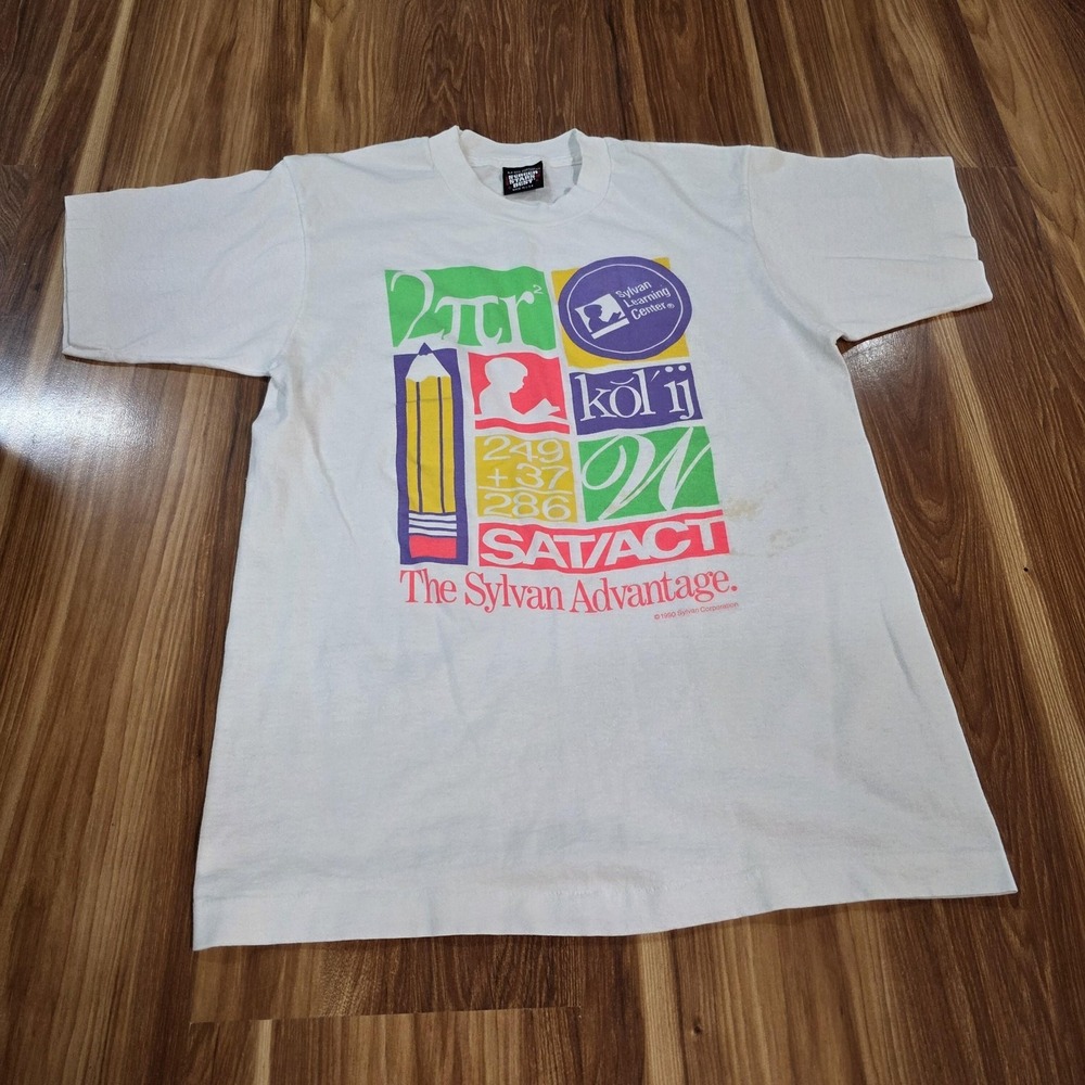 Vintage Sylvan Learning Center SAT ACT Shirt Mens‎ Medium White Screen Stars 90s